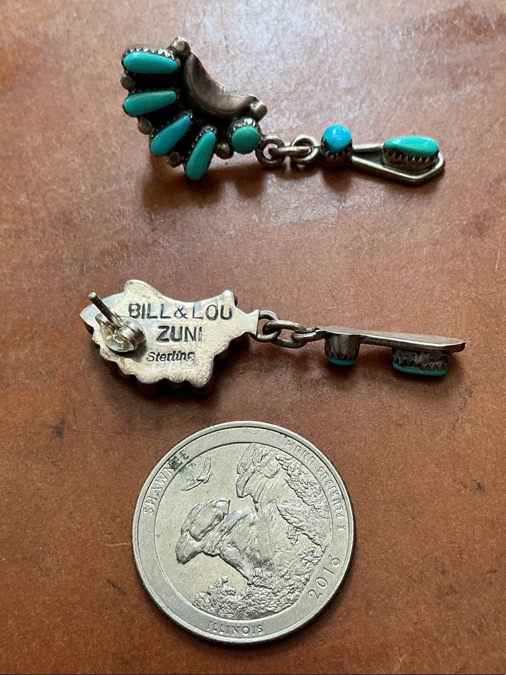 Sterling and Turquoise Bill & Lou Signed Zuni Earrings - Picture 2 of 3